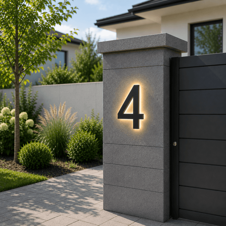 Sleek, modern LED house numbers provide excellent night visibility, a stylish outdoor lighting solution.