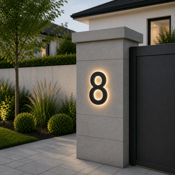 Easy-to-install modern LED house numbers for a sleek home identification system & improved outdoor aesthetics.