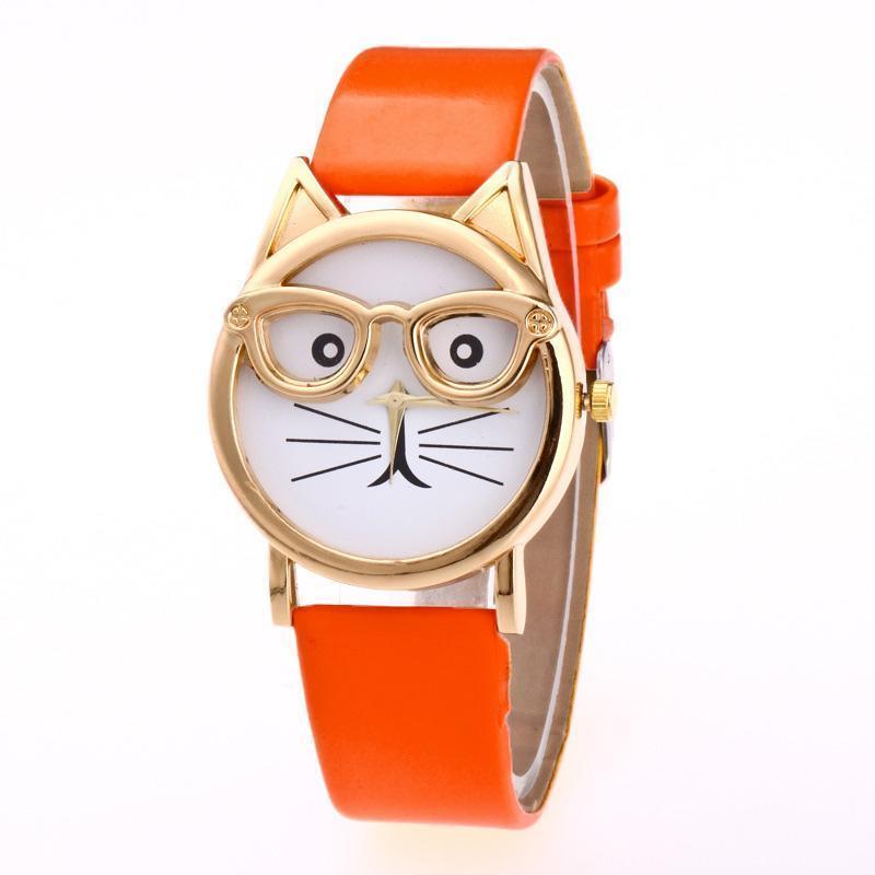Adorable cat face fashion watch, a unique and cute animal-themed wrist accessory with an adjustable band.