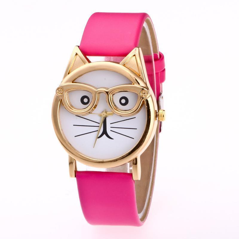 Trendy cat face watch, a cute and fun quartz wristwatch for cat lovers, featuring an adjustable strap.