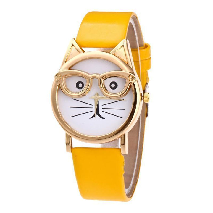 Cute cat lover's watch, a unisex quartz wrist accessory with a charming cat face design and adjustable fit.