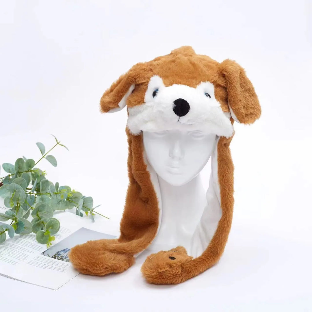 Playful dog moving ears hat, plush interactive headwear for unisex.
