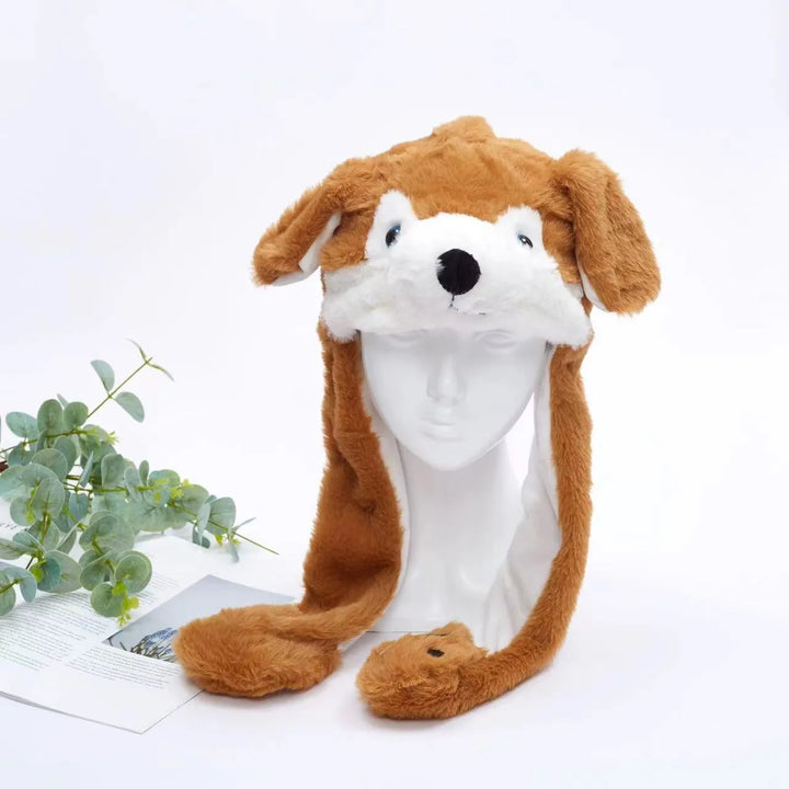 Playful dog moving ears hat, plush interactive headwear for unisex.