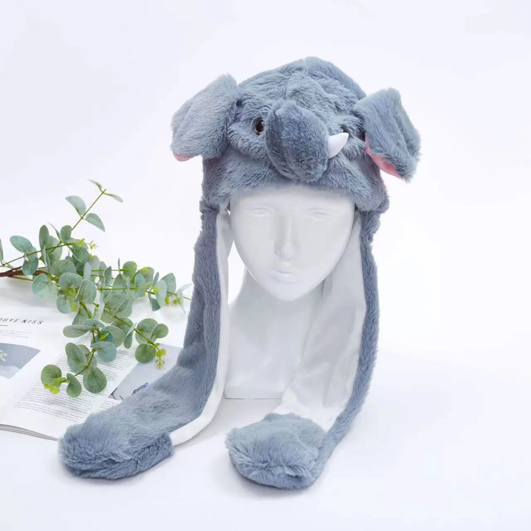 Cartoon moving ears hat, interactive plush headwear for party fun.