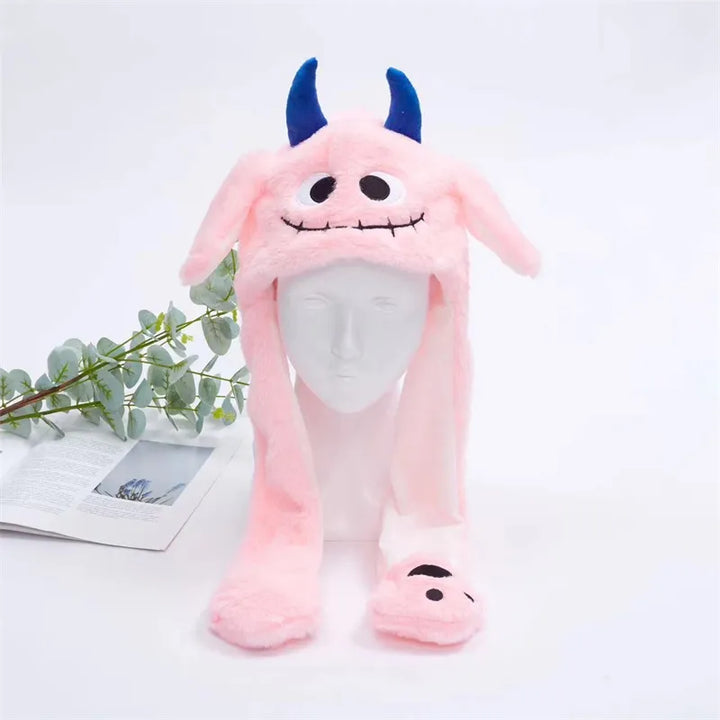 Cute rabbit moving ears hat, interactive plush for fun dress-up.
