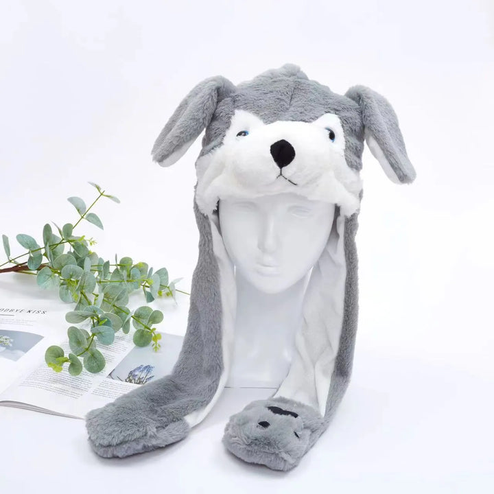 Dog moving ears hat, playful plush animal headwear, a novelty gift.