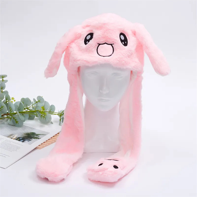 Interactive bear moving ears hat, plush character headwear for festive parties.