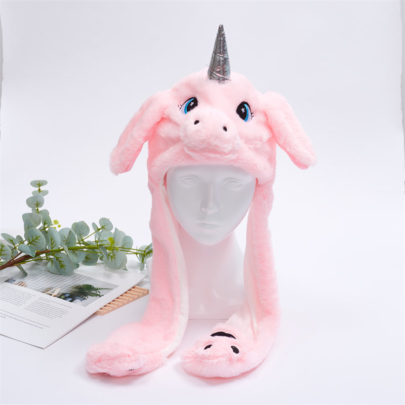 Sweet rabbit moving ears hat, interactive plush, perfect for playful moments.