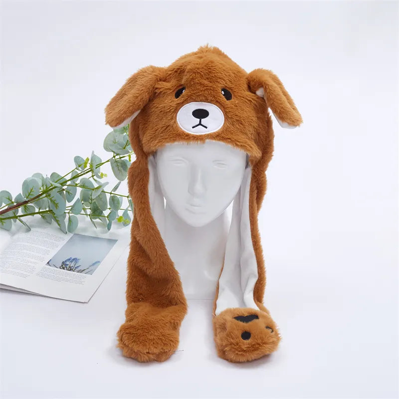 Moving ears rabbit hat, soft plush interactive headwear for fun.