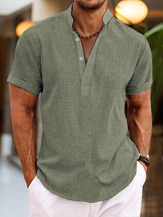 Modern men's short sleeve henley shirt, offering contemporary summer fashion & comfort.