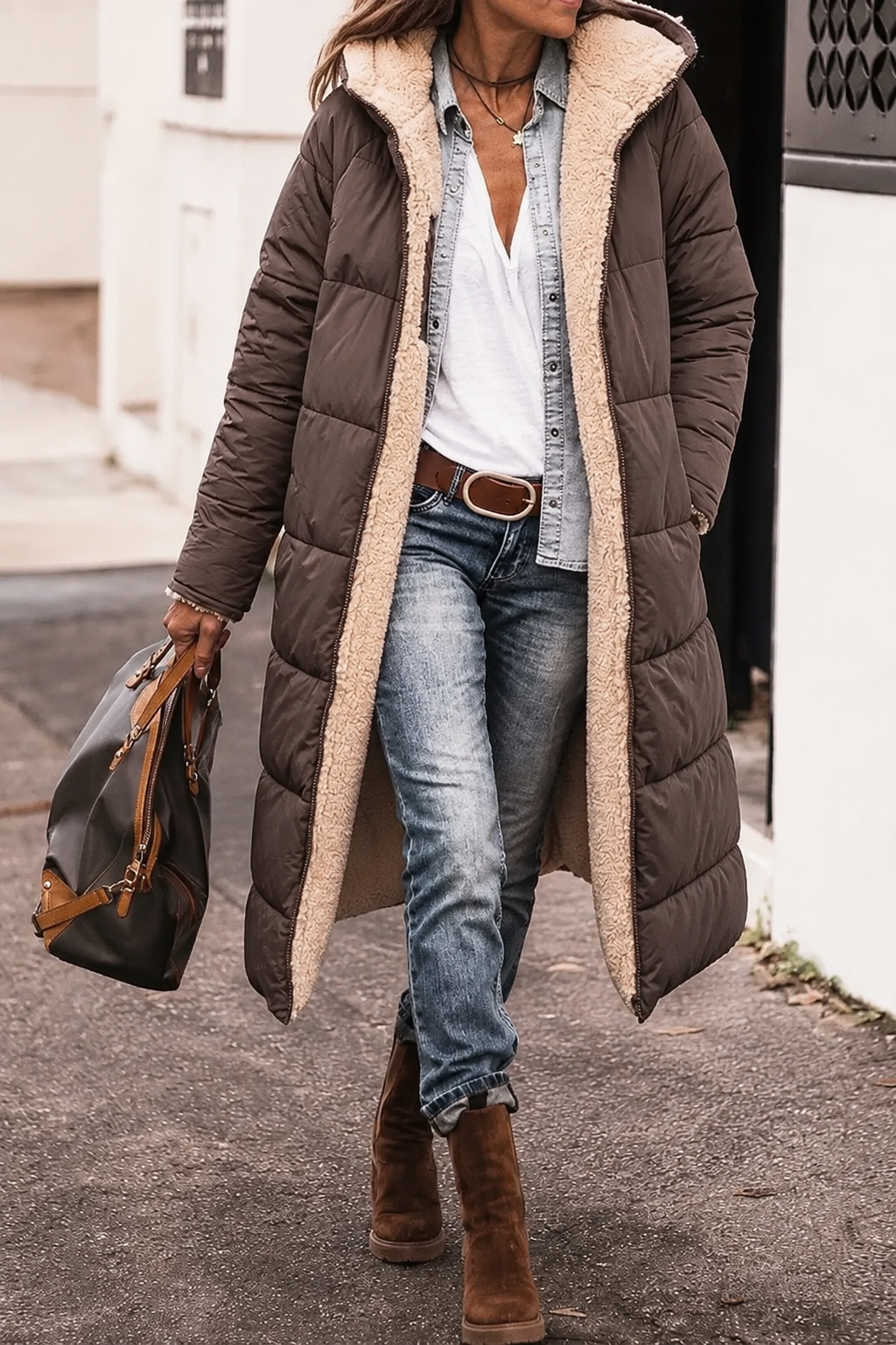 Stylish & warm women's reversible winter coat, perfect for diverse seasonal looks.