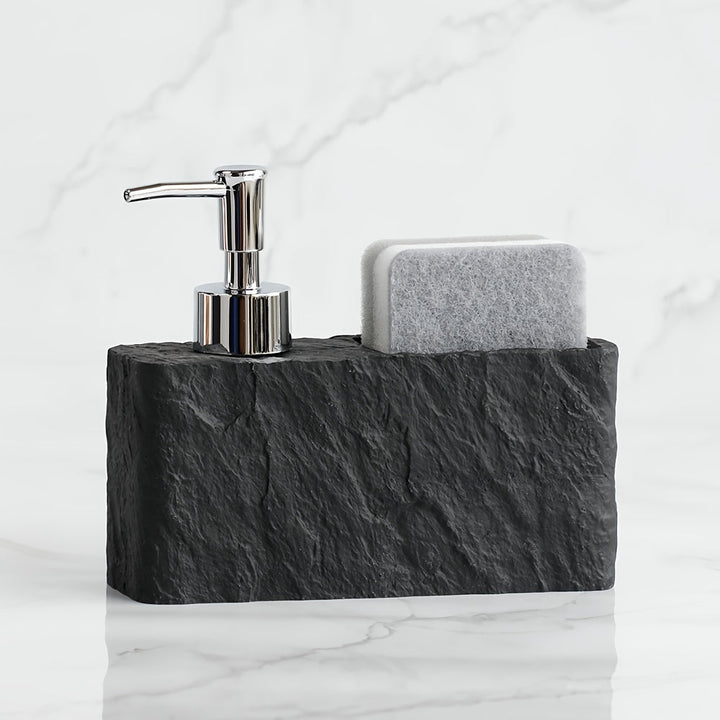 Stylish kitchen soap dispenser, stone-effect, with a convenient sponge holder.