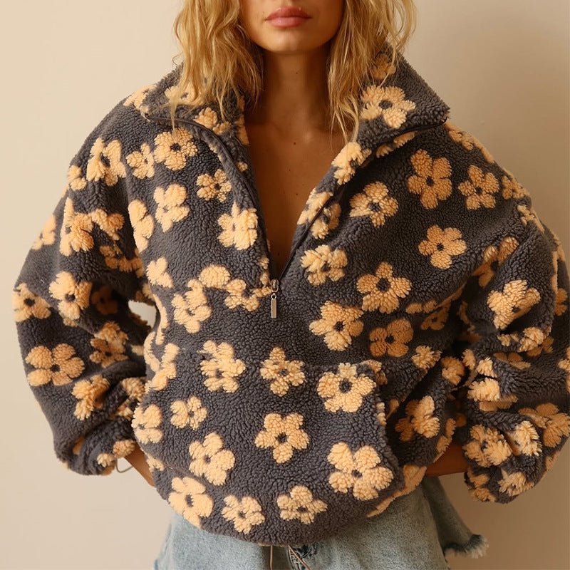 Women's floral oversized cozy half-zip sweater, a stylish and warm pullover for comfort.