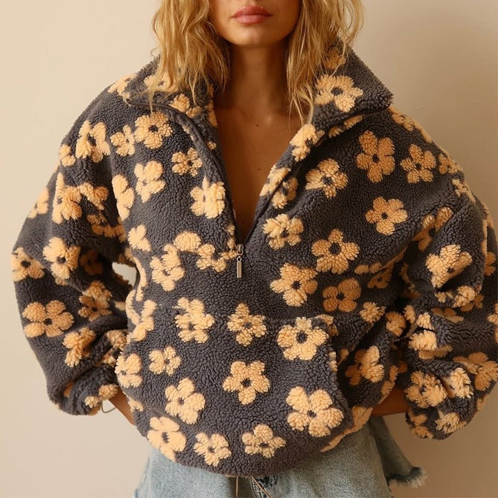 Women's floral oversized cozy half-zip sweater, a stylish and warm pullover for comfort.