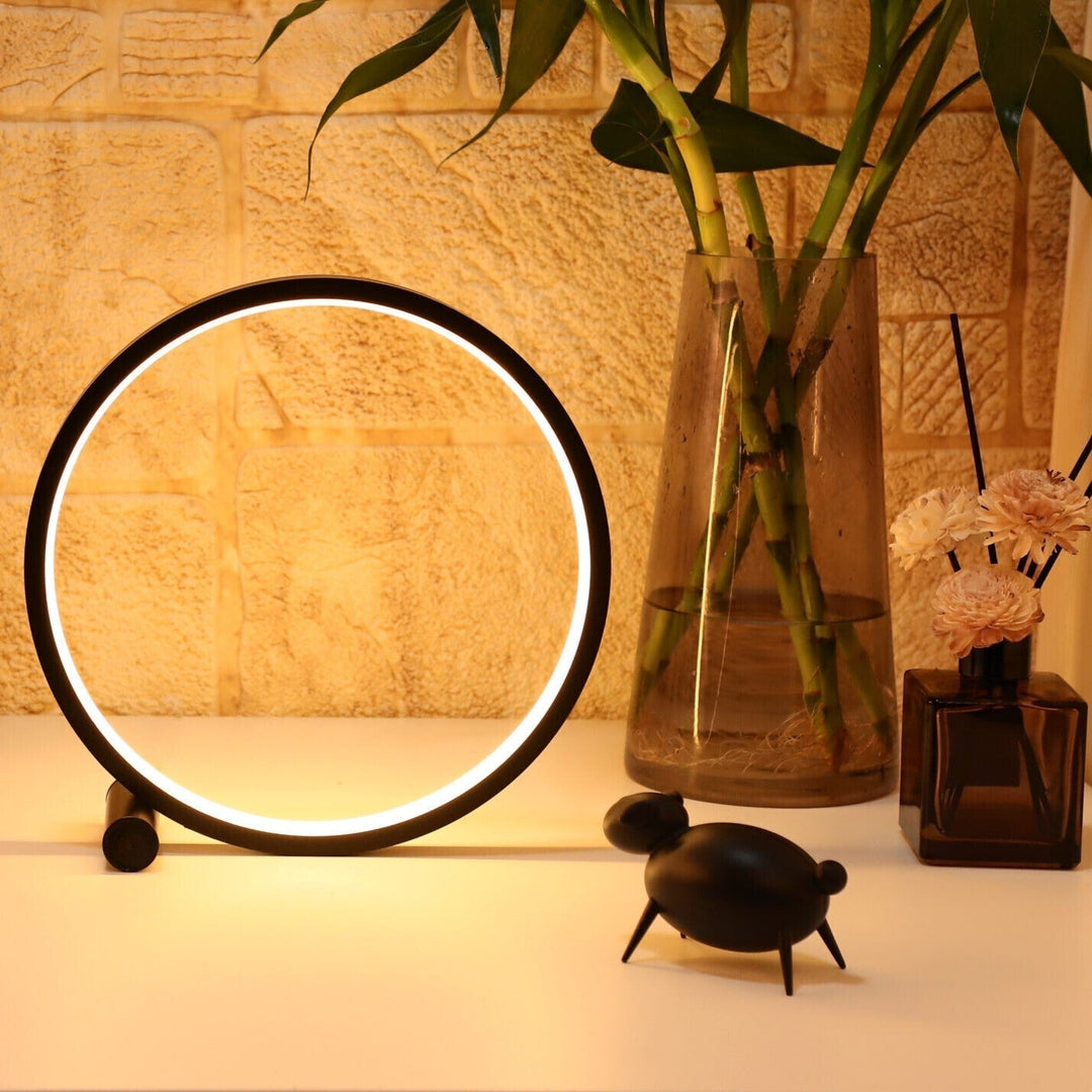 Nvroome Lights modern halo LED nightstand lamp, dimmable ambient light, ideal for bedroom & living room.