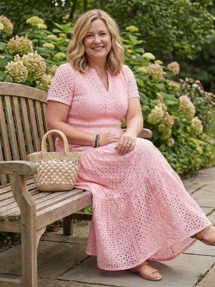 Close-up of the delicate eyelet detail on a white women's tiered midi dress, showcasing breathable fabric.