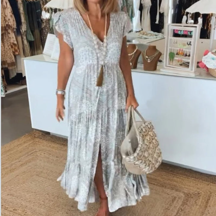 Elegant V-Neck Dress in White, Rosa, Blue