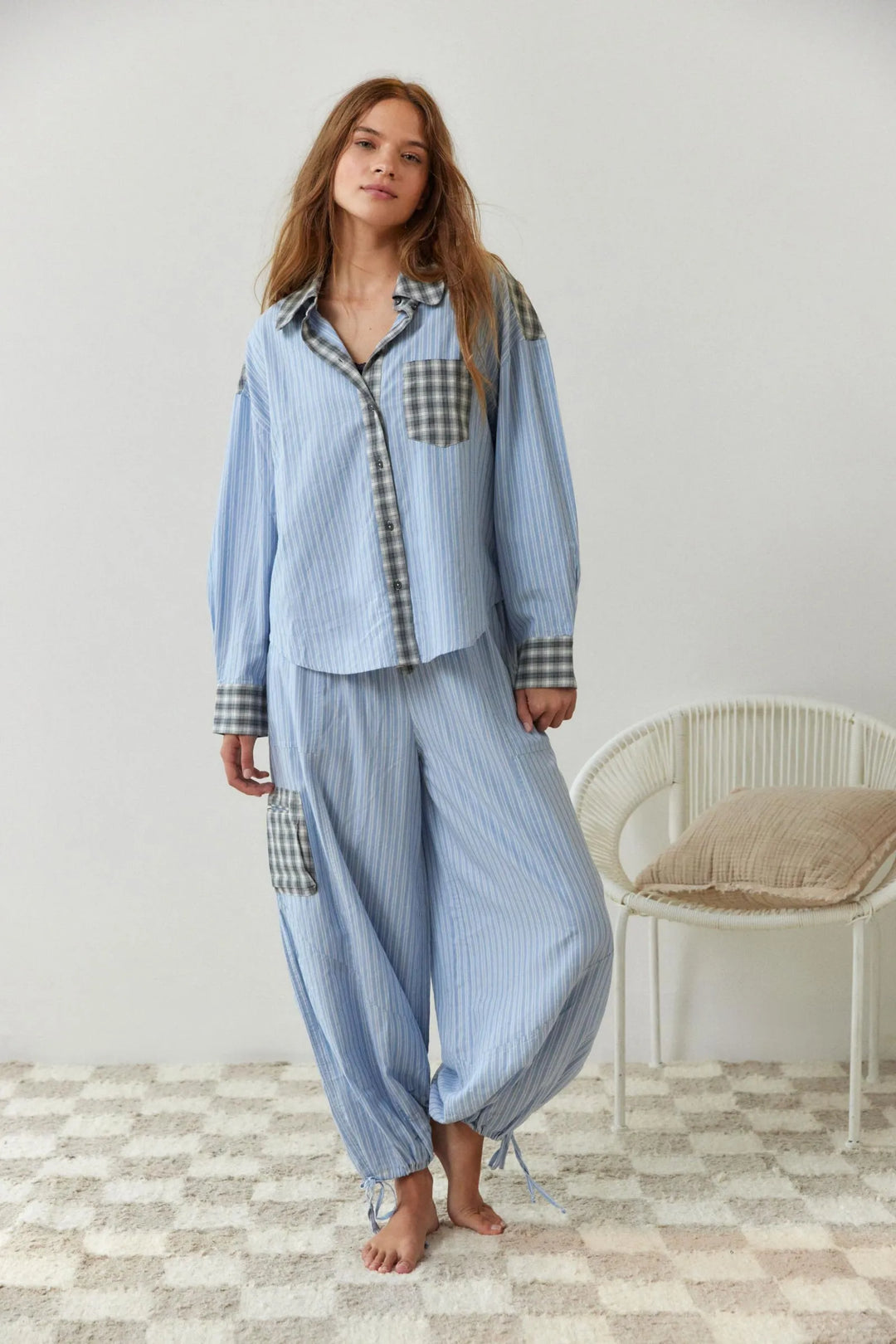 Blue two-piece women's sleepwear set, crafted from soft cotton for ultimate comfort & relaxation.