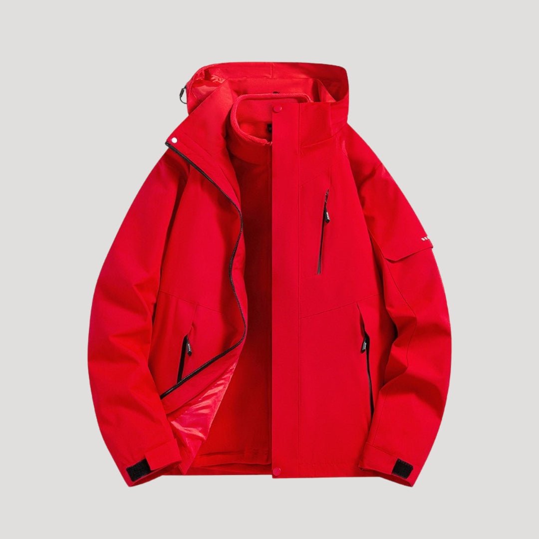 Comfortable unisex waterproof hooded jacket with zip pockets. Stylish all-season outerwear for outdoor activities.