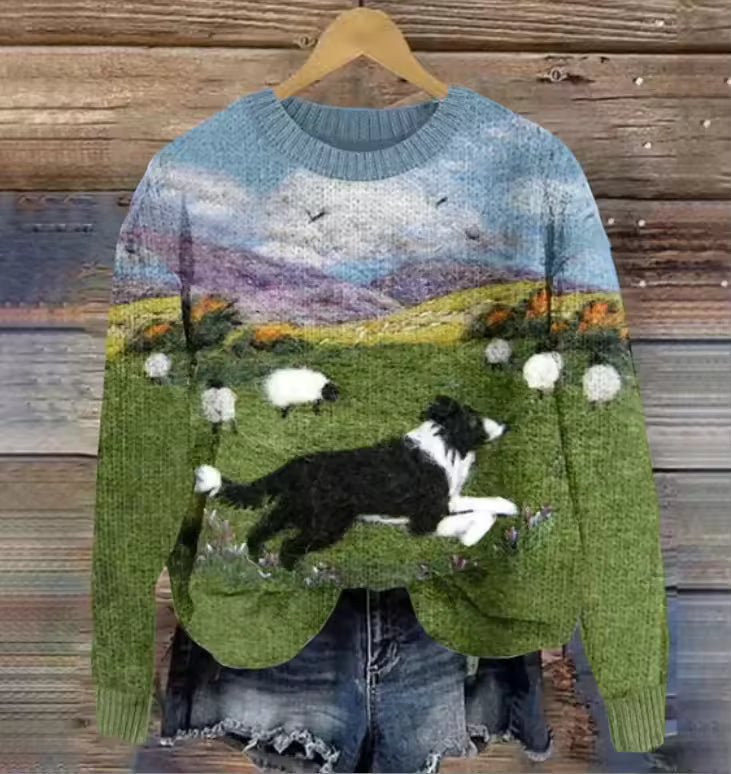 Women's cozy Nordic knit sweater with a charming sheepdog & landscape design, perfect for autumn & winter comfort.