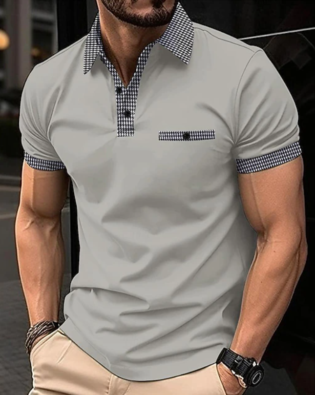 Comfortable short-sleeve men's polo shirt for smart casual wear, featuring a classic checkered collar.