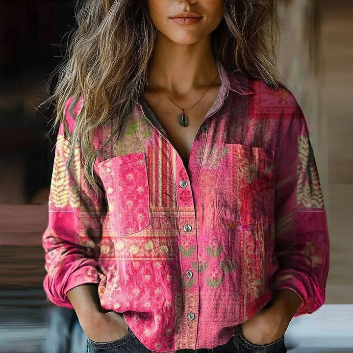Effortless women's bohemian vintage floral print collared blouse. Long sleeve, button-front, perfect for casual summer fashion.