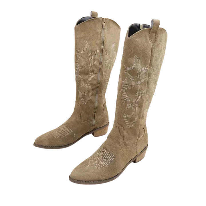 Women's embroidered Western cowboy boots with pointed toe & block heel. Stylish autumn fashion footwear.