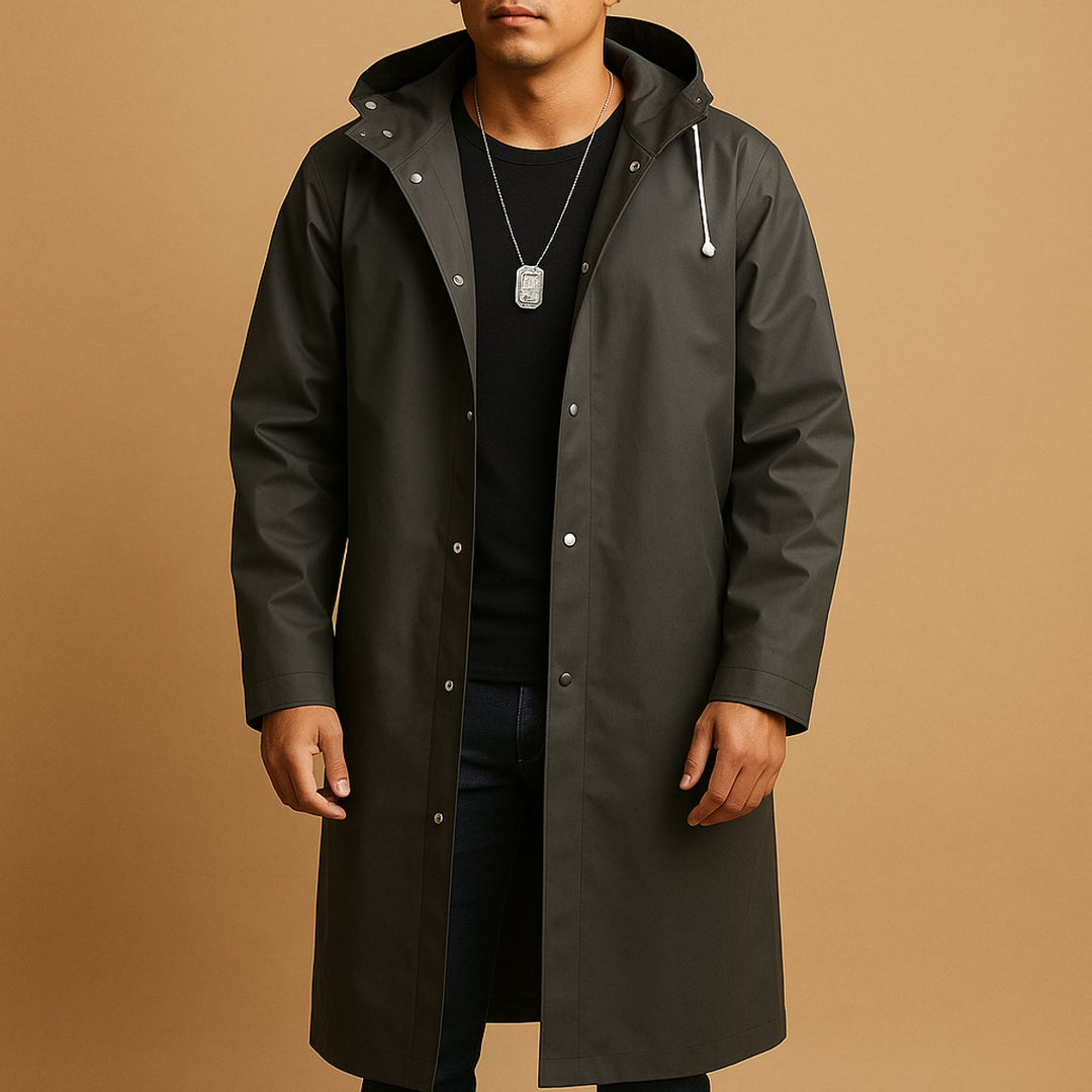 Men's waterproof hooded long rain jacket in black, ideal for casual outdoor wear and travel. Lightweight & protective.