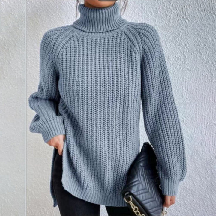 Women's elegant turtleneck pullover, split hem detail. Ideal casual chic top for cold weather.