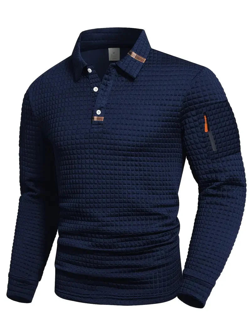 Comfortable men's long-sleeve textured polo, a stylish and versatile top for everyday fashion.