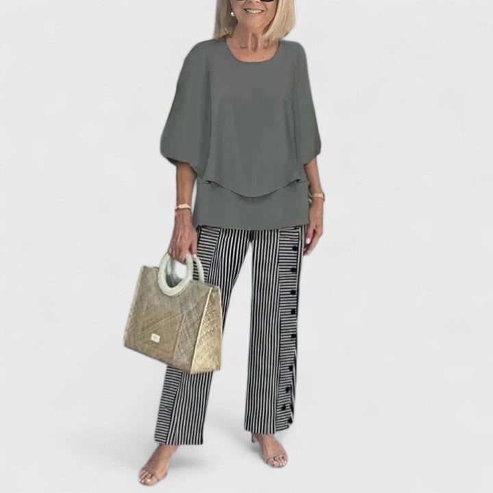 Women's elegant summer co-ord set. Two-piece outfit with a relaxed fit top & comfortable trousers.