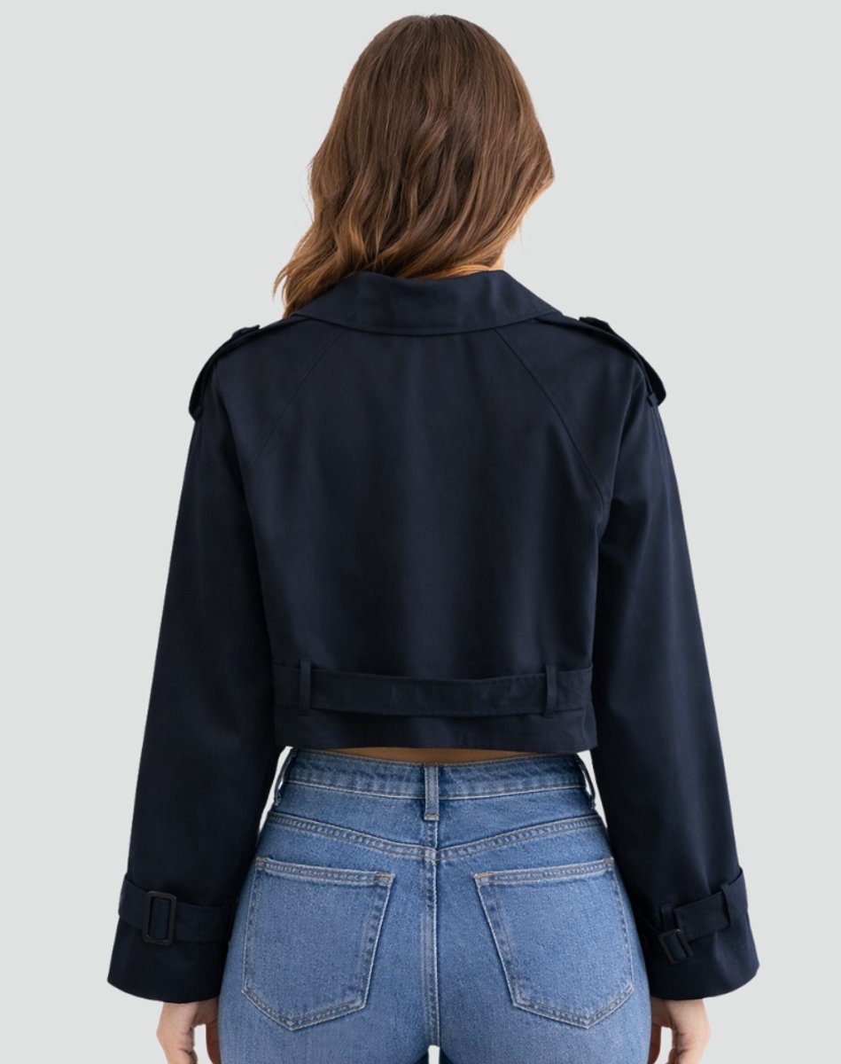 Chic women's cropped double-breasted trench coat with belt. Perfect spring/fall tailored outerwear.