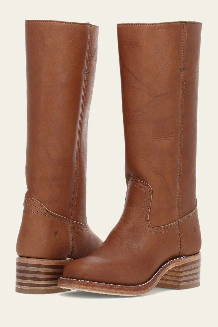 Dark brown leather women's tall boots, elegant classic style & comfortable block heel.
