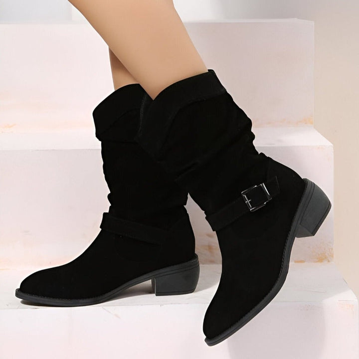 Stylish pull-on women's knee-high slouchy boots. Perfect fall & winter fashion with a comfortable block heel.