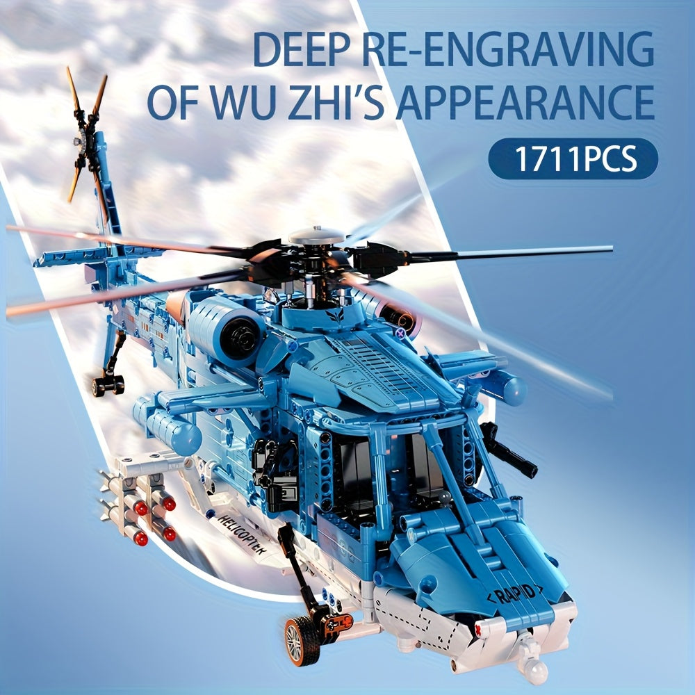 Adults' collectible technical helicopter model on display, an intricate construction hobby piece with realistic details.