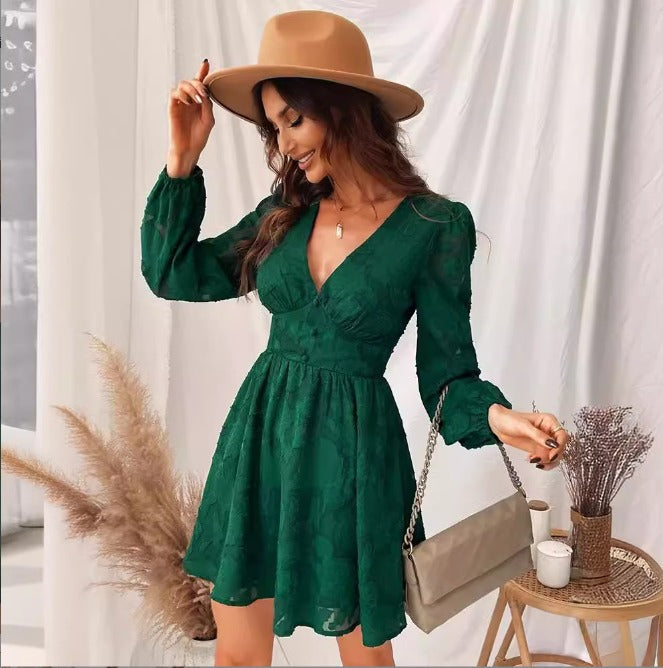 Fashionable short V-neck dress for women, boasting elegant puff sleeves, perfect party wear for a stylish look.