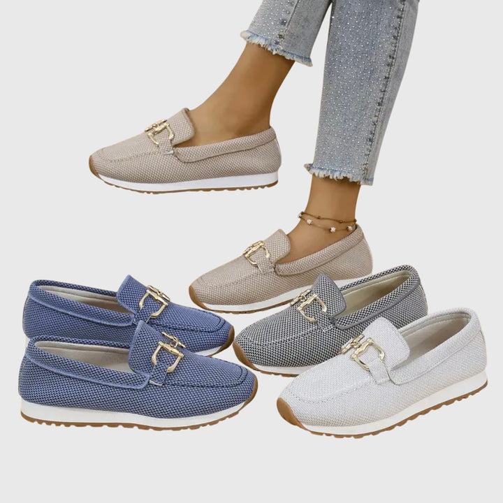 Cushioned women's comfort loafers, supportive everyday footwear, easy slip-on.