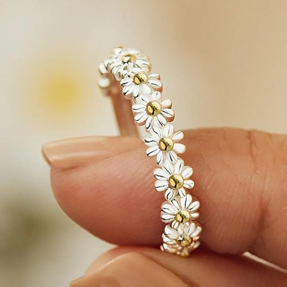Silver Daisy Enamel Ring - Adjustable