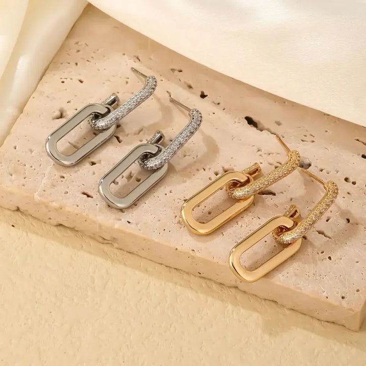 Silver slim loop earrings for women with sparkling cubic zirconia, deluxe stainless steel jewelry.