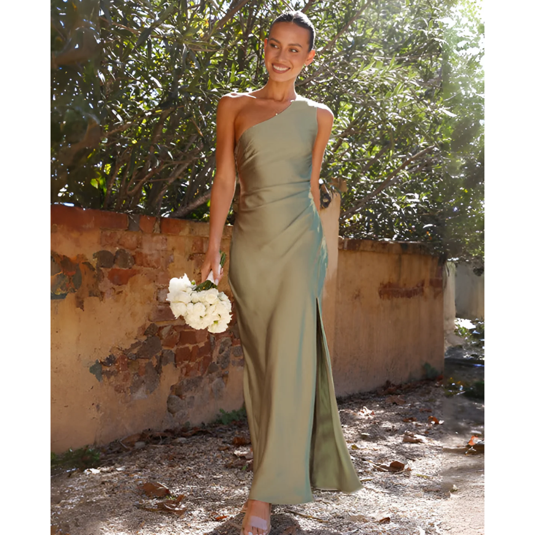 Elegant green one shoulder maxi dress for women, featuring a chic side slit, perfect for formal events.