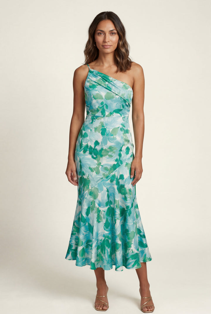 Elegant women's floral one-shoulder midi dress for spring races & summer parties.