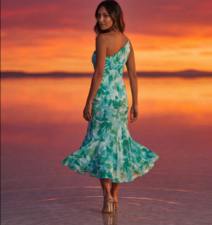 Feminine floral one-shoulder midi dress, a sophisticated choice for any party.