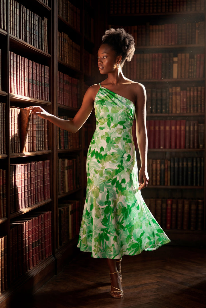 Women's party dress: elegant floral one-shoulder midi for races & summer events.
