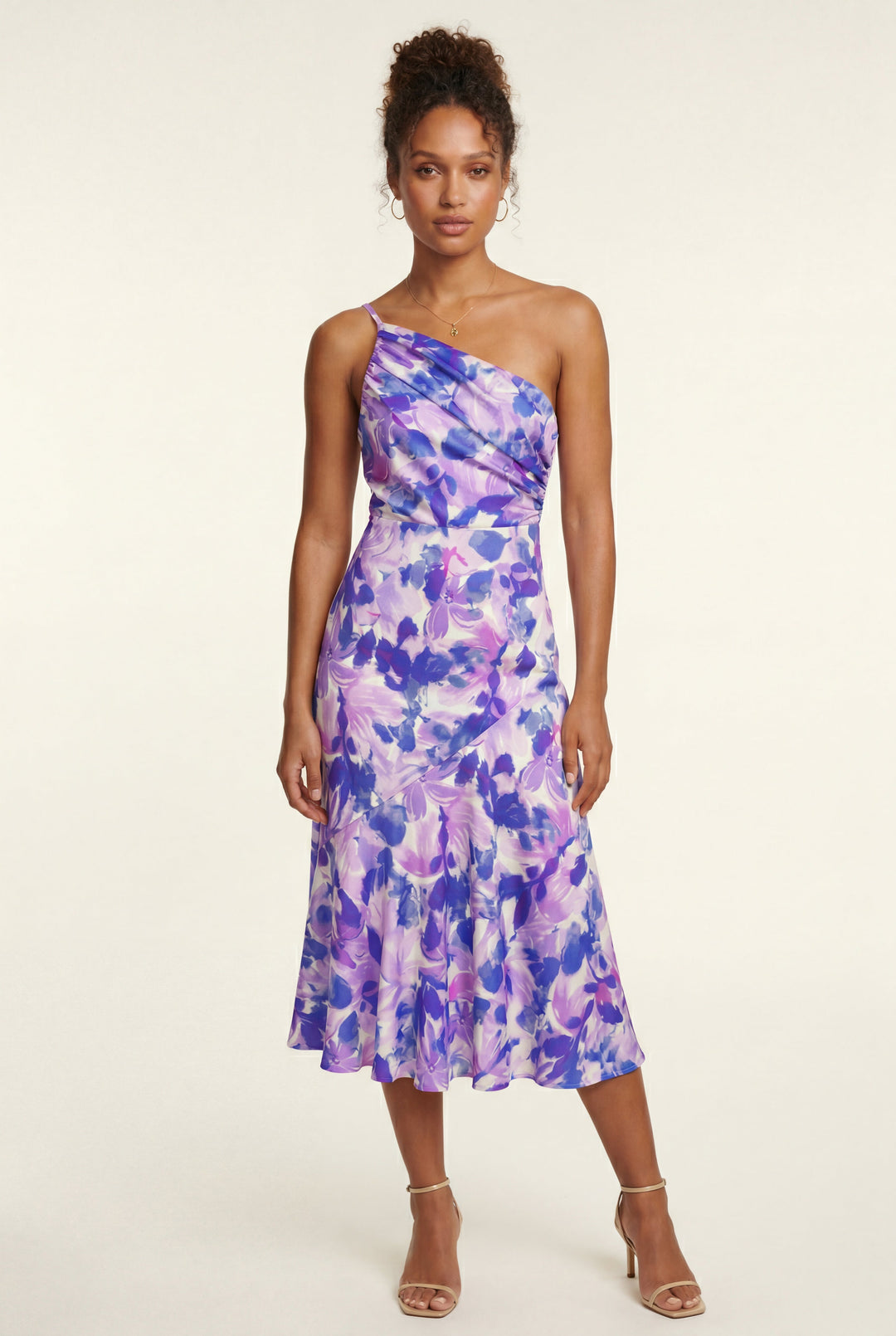Spring floral one-shoulder midi dress, ideal for daytime celebrations & garden parties.