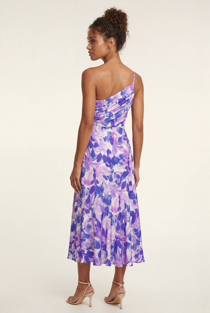 Summer elegant floral midi dress, one-shoulder design, perfect for races.