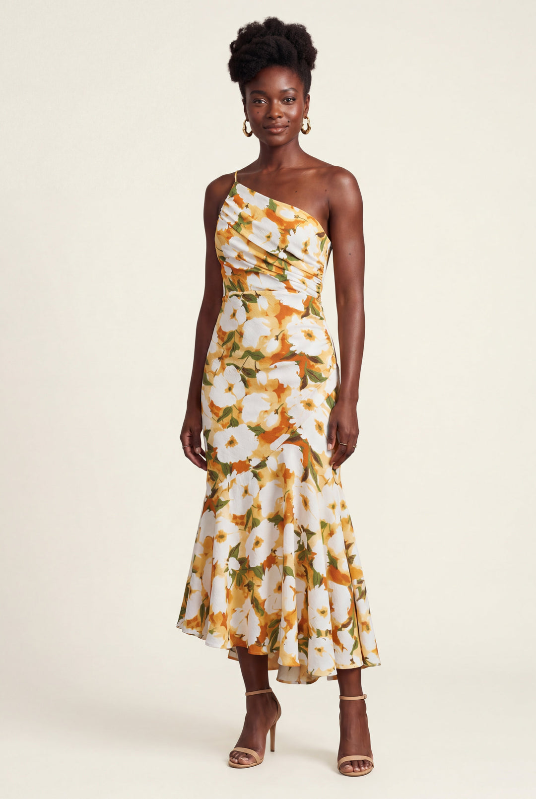 Beautiful floral one-shoulder midi dress, perfect for an elegant spring or summer party.