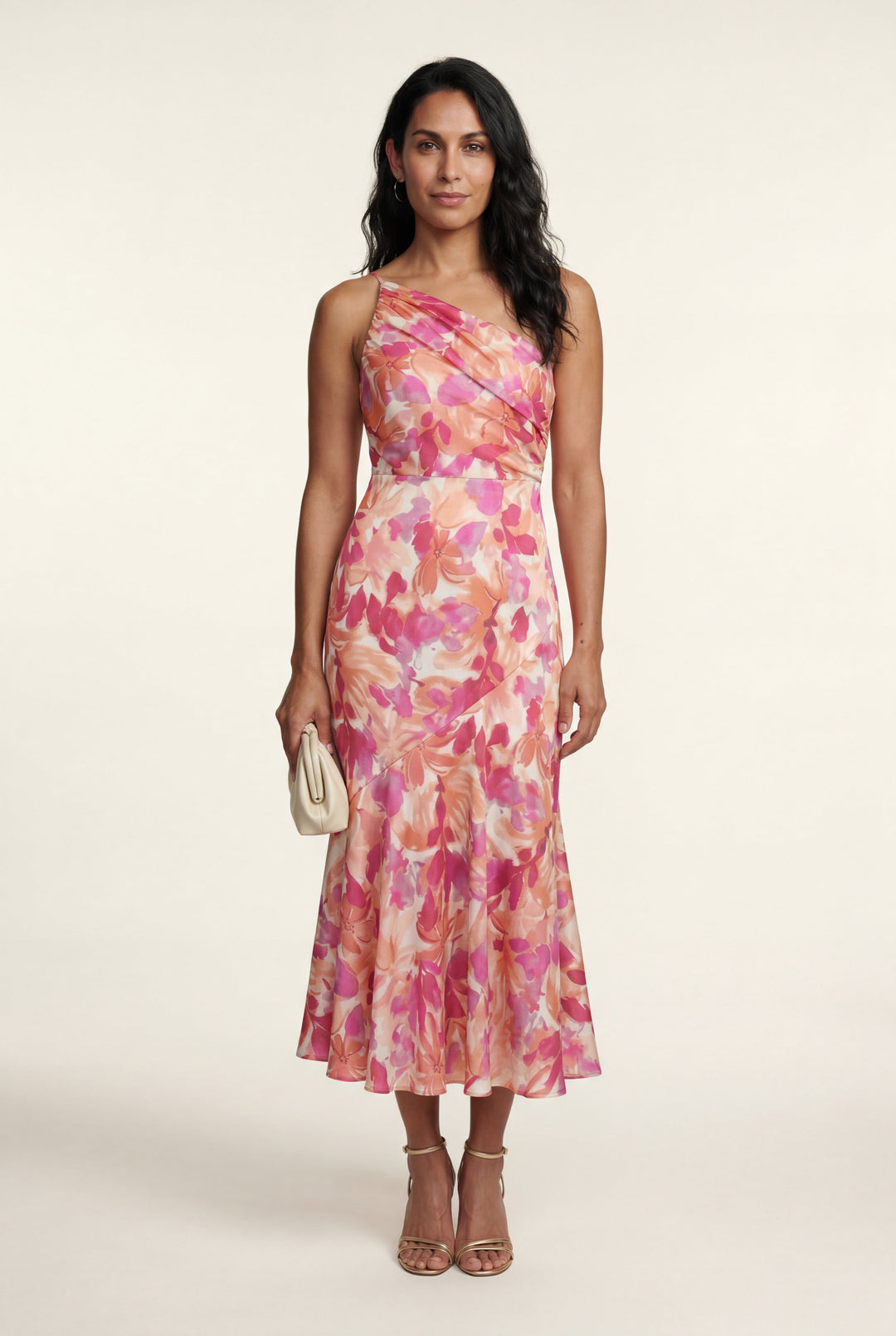 Stylish floral one-shoulder midi dress, perfect women's party or wedding guest attire.