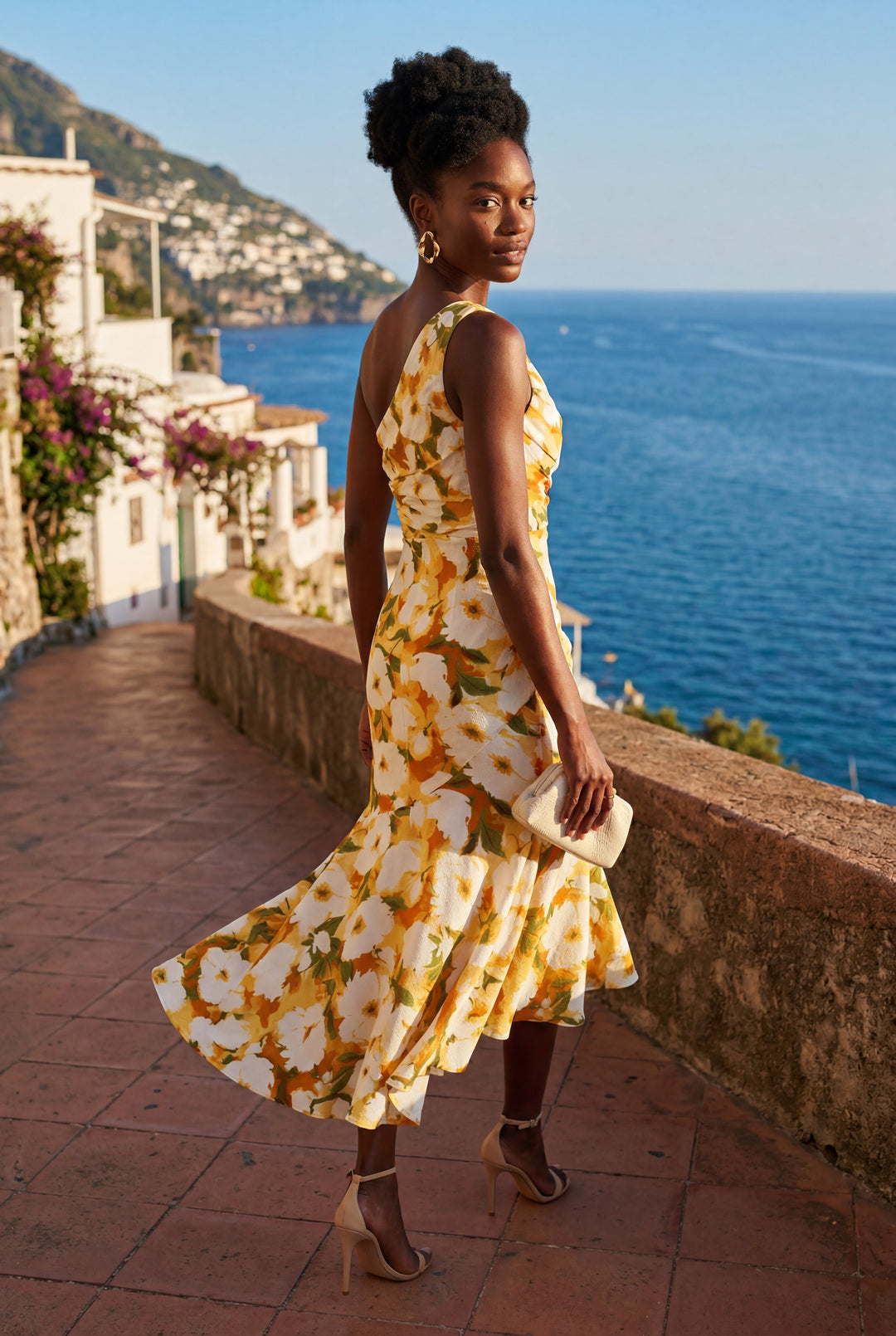Vibrant floral one-shoulder midi dress, a stunning choice for races & parties.