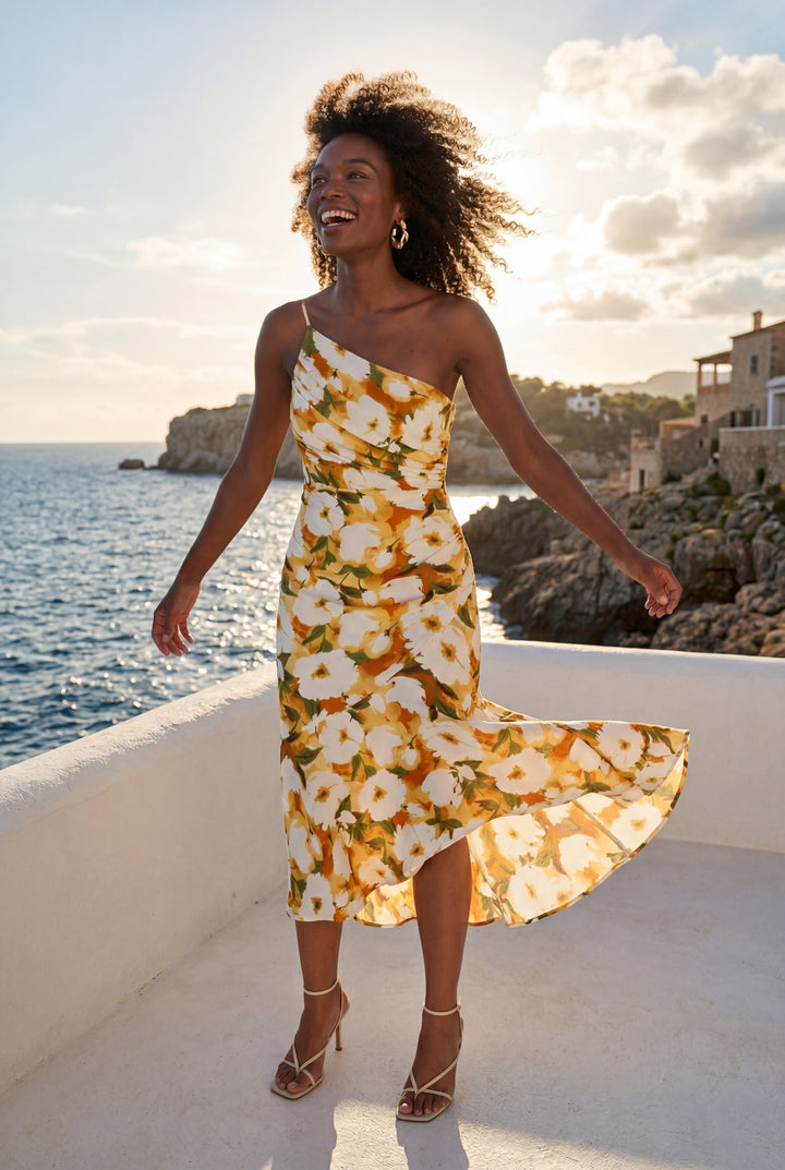 Elegant women's midi dress with one-shoulder and floral print, perfect for events.