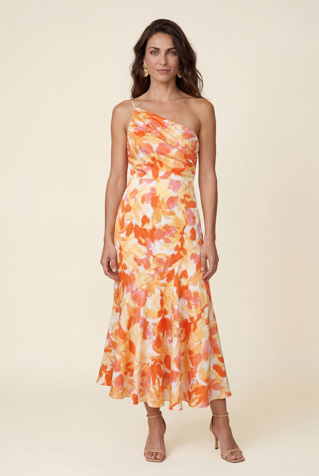 Women's occasion wear: floral one-shoulder midi dress, perfect for elegant events.